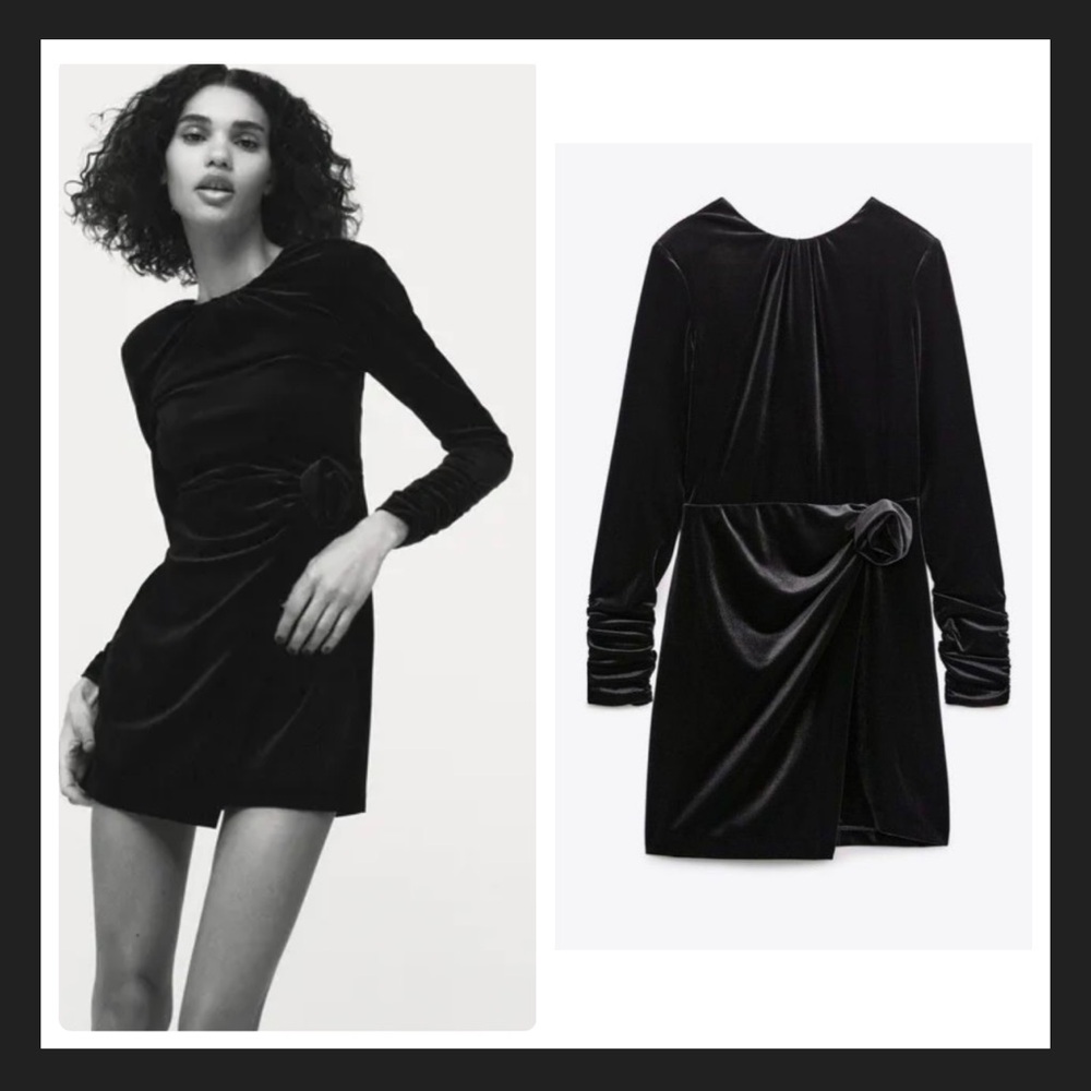 New Zara Black Velvet Draped Dress long sleeve